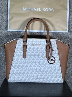 Michael Kors Brown and White MK Logo Tote Satchel